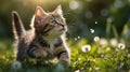 Adorable Kitten Playing in Dandelion Meadow Royalty Free Stock Photo