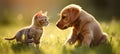 Playful kitten and friendly dog enjoying sunny day on green lawn with blurred background