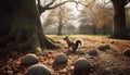 Playful kitten hides in autumn tree branches generated by AI