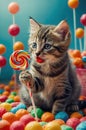Adorable Kitten Enjoying a Colorful Lollipop Surrounded by Candy Royalty Free Stock Photo