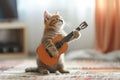 Playful kitten holding mini guitar, ready to strum its strings. Kitten with a toy guitar