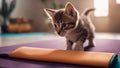 A playful kitten with a mischievous look, attempting a pose on a yoga mat,