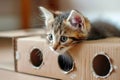 Playful kitten peeking out of a cardboard play box with holes in a home setting, showcasing curiosity