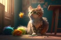 Playful Kitten Playing with Feather Toy in a Colorful Playroom