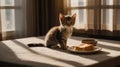 Adorable Kitten with Pastry on Sunny Table Royalty Free Stock Photo