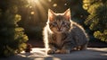 Adorable Kitten Playing in Golden Sunlight Near Pine Branches Royalty Free Stock Photo