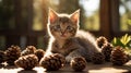 Adorable Kitten with Pine Cones in Golden Sunlight Royalty Free Stock Photo
