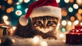 A playful kitten with a tiny Santa hat askew, tangled in a string of colorful Christmas lights,