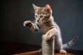 playful kitten trying out its claws and jumping skills on scratching post