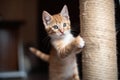 playful kitten trying out its claws and jumping skills on scratching post