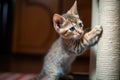 playful kitten trying out its claws and jumping skills on scratching post