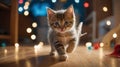 Cute Tabby Kitten Exploring Christmas Lights, A Festive Feline Friend Royalty Free Stock Photo