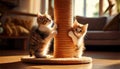 Playful Kittens at Cat Scratching Post in Sunlight Royalty Free Stock Photo