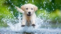 Playful labrador retriever puppy joyfully splashing in water with family for delightful bonding time Royalty Free Stock Photo