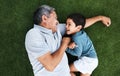 Playful, laughing and grandfather and child in a garden for happiness, playing and cheerful together. Babysit, happy and Royalty Free Stock Photo