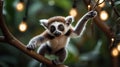 Adorable Ring-Tailed Lemur Cub Playing on a Branch with Decorative Lights Royalty Free Stock Photo