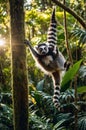 Ring-Tailed Lemur Hanging Upside Down in Madagascar Jungle Forest Canopy Royalty Free Stock Photo