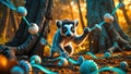 Ring-Tailed Lemur Cub Plays with Festive Seashell Garland in a Lush Forest Royalty Free Stock Photo
