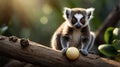 Ring-tailed Lemur Cub Enjoying a Treat on a Sunny Branch in Madagascar Jungle Royalty Free Stock Photo