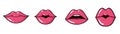 Playful lips. Cartoon female mouth. Face parts expressions. Pink makeup. Sensual kiss. Isolated woman smiles set. Beauty