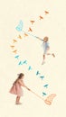 Playful little children, boy and girl playing together outdoors, catching dragonfly with net. Contemporary art collage.