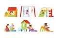 Playful Little Children at Playground Engaged in Different Activity Vector Set