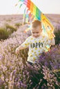 Playful little cute child baby boy walk on purple lavender flower meadow field, run, have fun, play with colorful kite Royalty Free Stock Photo