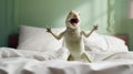 Playful Lizard Jumping On Bed Sheets - Interactive Petcore Photography