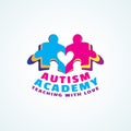 Playful logo for Autism Academy. Colourful Kids Puzzle Book with Heart shape. Tagline : Teaching with love Royalty Free Stock Photo