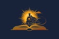 Playful Logo Design: Train Breaking Free from Book with Sun God Theme AI Generated