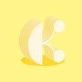 Playful logo K letter soft yellow artwork 3d font, isometric shape alphabetical mark typography print design