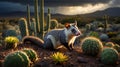 Gray Four-Eyed Opossum in Desert Landscape with Blooming Cacti and Mountain Backdrop Royalty Free Stock Photo