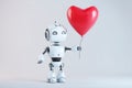 Playful metallic robot with floating heart balloon in studio setting, Charming chrome robot displaying affection through balloon Royalty Free Stock Photo
