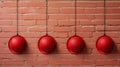 Playful Minimalism: Red Hard Hats Hanging On Brick Wall Royalty Free Stock Photo