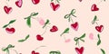 Playful modern seamless pattern with sketch-style heart cherries and bows on a light blush background for fun packaging and Royalty Free Stock Photo