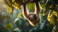 A Cute Baby Monkey Hanging on a Tree Branch in Lush Green Jungle Royalty Free Stock Photo