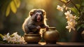Adorable Baby Slow Loris Playing with Golden Pots in Blossoming Garden Royalty Free Stock Photo
