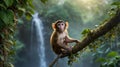 A Young Monkey Sitting on a Tree Branch in a Lush Forest with Waterfall Royalty Free Stock Photo
