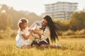 Playful mood. Woman and little girl have a walk with dog on the field at sunny daytime Royalty Free Stock Photo