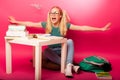 Playful, naughty schoolgirl with big eyeglasses playing with pap Royalty Free Stock Photo