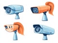 Playful orange and blue surveillance cameras with whimsical hair like features combining creativity and functionality in a uniq