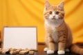 Playful orange cat near a whiteboard, exuding cuteness and charm