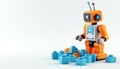 Playful orange robot builds with blue blocks in clean studio. 3d render features friendly character engaged in construction, Royalty Free Stock Photo
