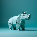 Playful Origami Rhino: Whimsical Cyan Rhino Sculpture For Curious Minds