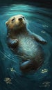 playful otter floating on his back in a calm blue river Animal smartphone phone original fantasy unique background lock screen Royalty Free Stock Photo