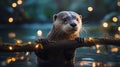 Adorable Otter Holding Christmas Lights in Water at Night Royalty Free Stock Photo