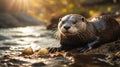 Smooth-coated Otter near Riverbank at Sunset, Catching Prey Royalty Free Stock Photo
