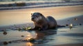 Playful Otter on the Beach at Sunset Enjoying a Peaceful Coastal Evening Royalty Free Stock Photo
