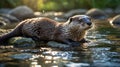 Eurasian Otter Resting on a Rock in a Stream with Sunlight Reflections. Royalty Free Stock Photo