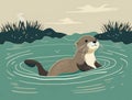 A playful otter swimming in a peaceful lake. Cute creature. AI generation